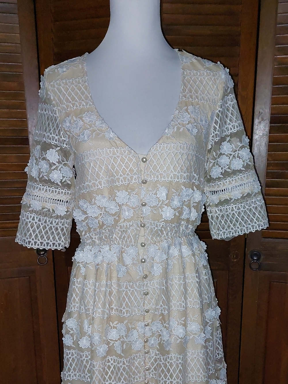 Bohemian Beige Lace 3D Floral Maxi Dress Sz S - Picture 6 of 16